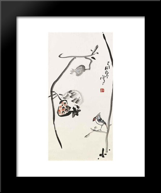Bird And Pomegranate 20x24 Black Modern Wood Framed Art Print Poster by Yanyong, Ding