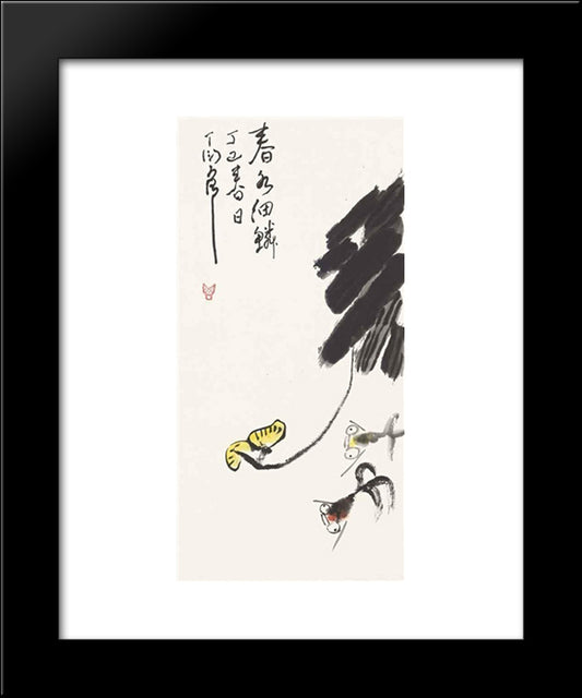 Goldfish And Flowers In Spring 20x24 Black Modern Wood Framed Art Print Poster by Yanyong, Ding