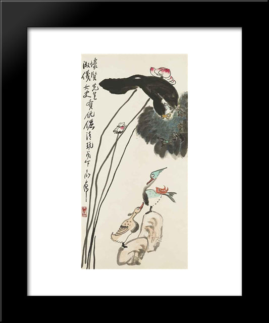 Lotus, Frogs And Mandarin Ducks 20x24 Black Modern Wood Framed Art Print Poster by Yanyong, Ding