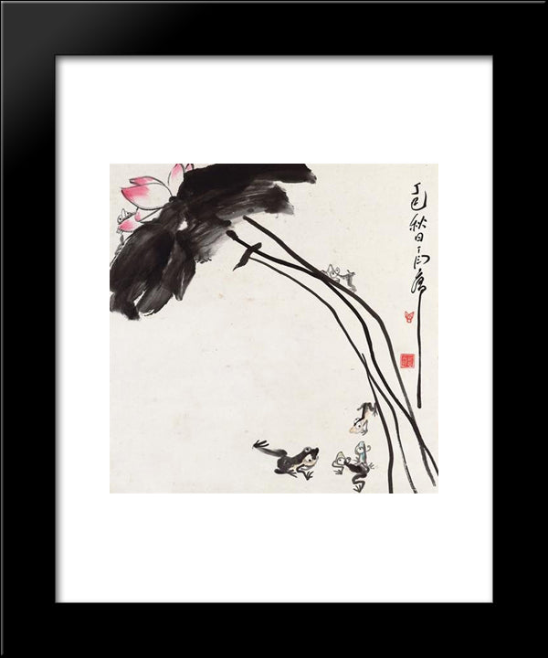 Lotus And Frogs 20x24 Black Modern Wood Framed Art Print Poster by Yanyong, Ding