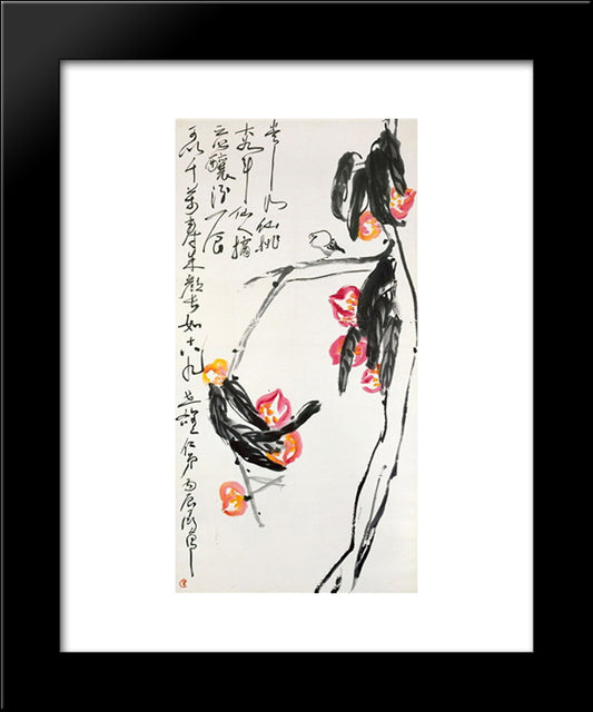 Nine Peaches And A Bird 20x24 Black Modern Wood Framed Art Print Poster by Yanyong, Ding
