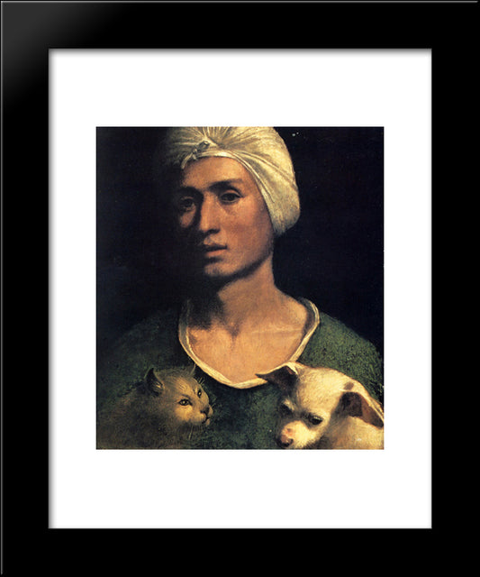 Portrait Of A Young Man With A Dog And A Cat 20x24 Black Modern Wood Framed Art Print Poster by Dosso Dossi