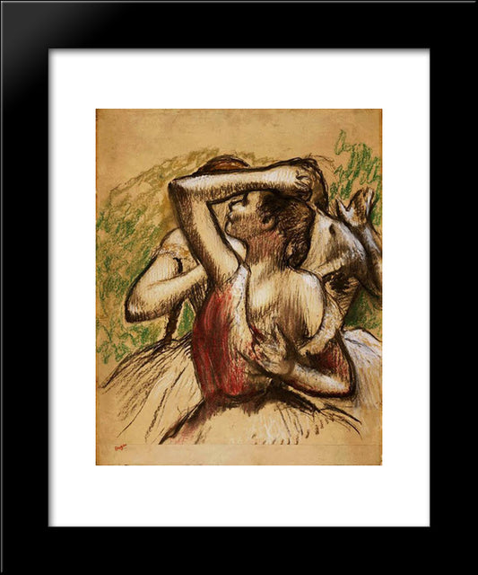 Three Ballet Dancers, One With Dark Crimson Waist 20x24 Black Modern Wood Framed Art Print Poster by Degas, Edgar