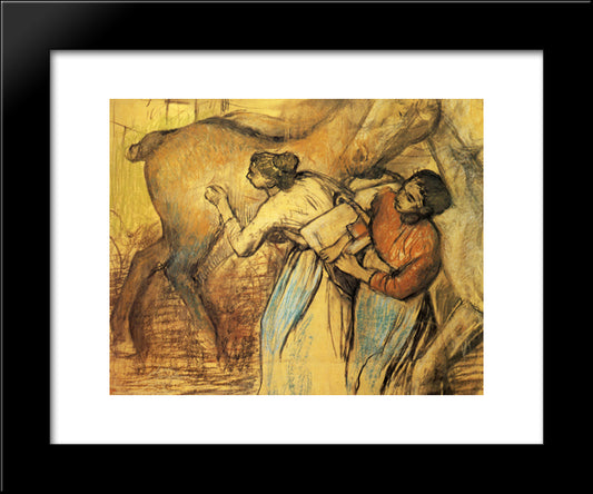 Two Laundresses And A Horse 20x24 Black Modern Wood Framed Art Print Poster by Degas, Edgar