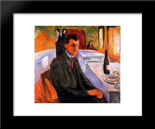 Self-Portrait With Bottle Of Wine 20x24 Black Modern Wood Framed Art Print Poster by Munch, Edvard