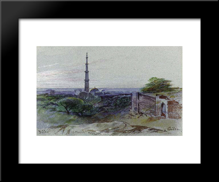 A View Of The Qutb Minar, Delhi 20x24 Black Modern Wood Framed Art Print Poster by Lear, Edward