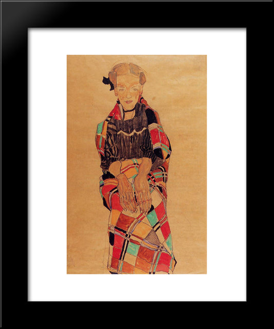 Girl In Black Pinafore, Wrapped In Plaid Blanket 20x24 Black Modern Wood Framed Art Print Poster by Schiele, Egon