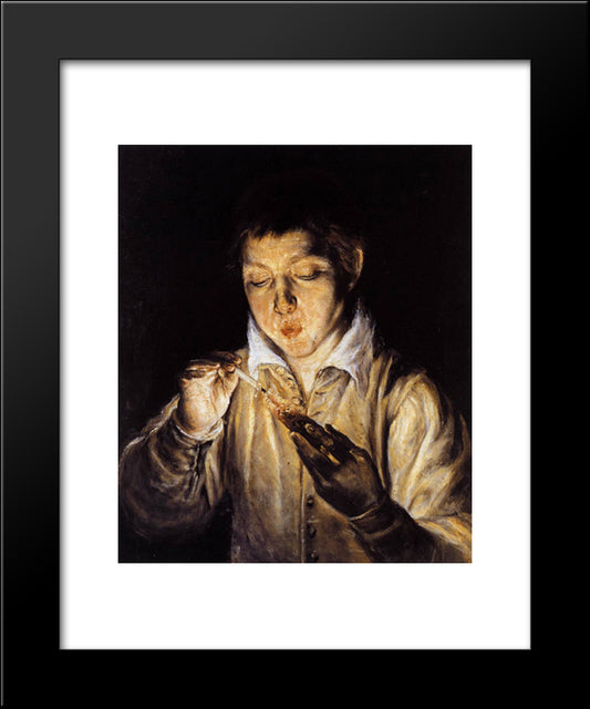 A Boy Blowing On An Ember To Light A Candle 20x24 Black Modern Wood Framed Art Print Poster by El Greco