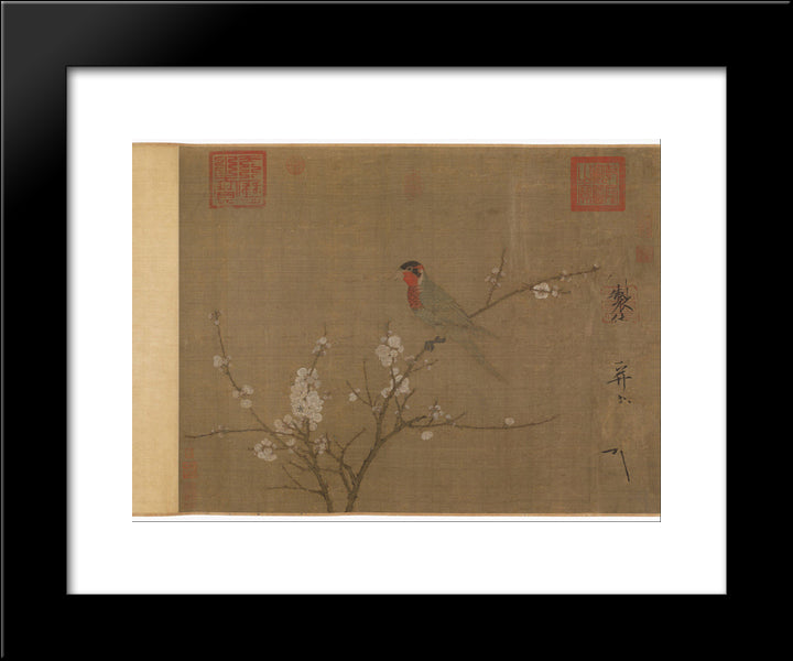 Five-Colored Parakeet On A Blossoming Apricot Tree 20x24 Black Modern Wood Framed Art Print Poster by Huizong, Emperor