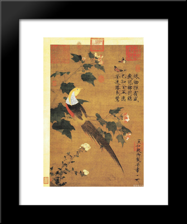 Golden Pheasant And Cotton Rose Flowers 20x24 Black Modern Wood Framed Art Print Poster by Huizong, Emperor