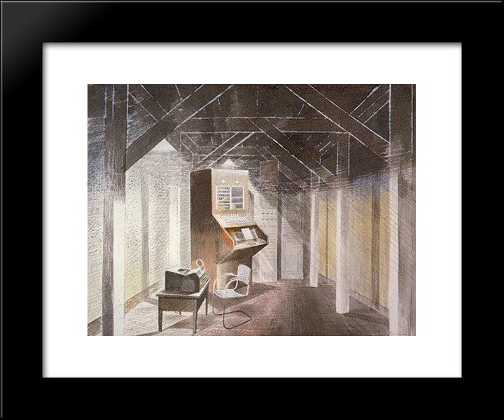 The Teleprinter Room 20x24 Black Modern Wood Framed Art Print Poster by Ravilious, Eric