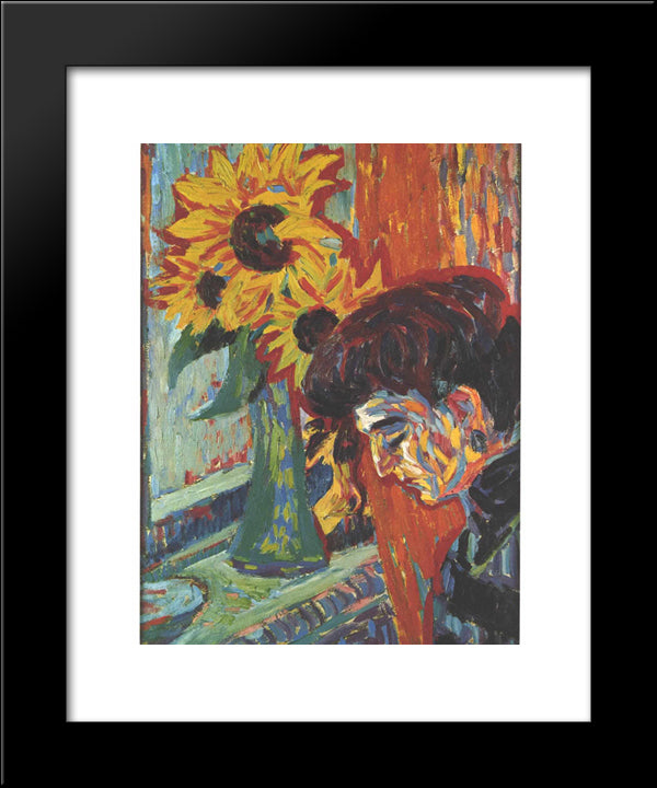 Head Of A Woman In Front Of Sunflowers 20x24 Black Modern Wood Framed Art Print Poster by Kirchner, Ernst Ludwig