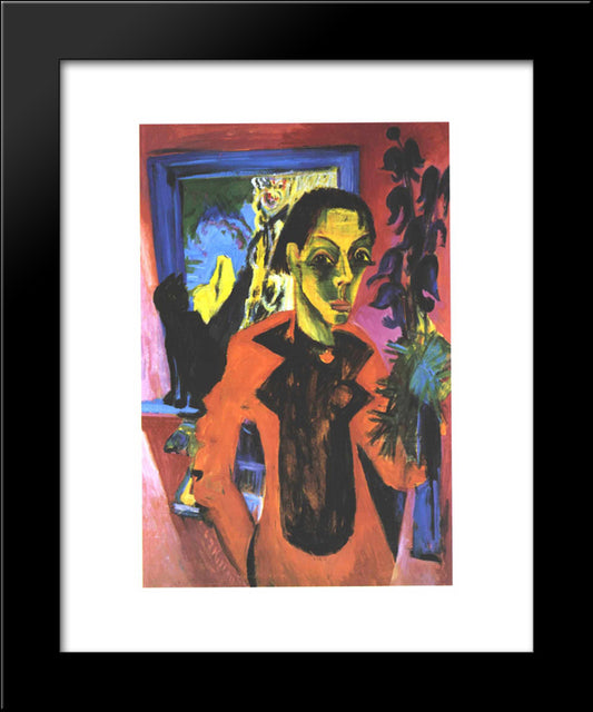 Self Portrfait With Cat 20x24 Black Modern Wood Framed Art Print Poster by Kirchner, Ernst Ludwig