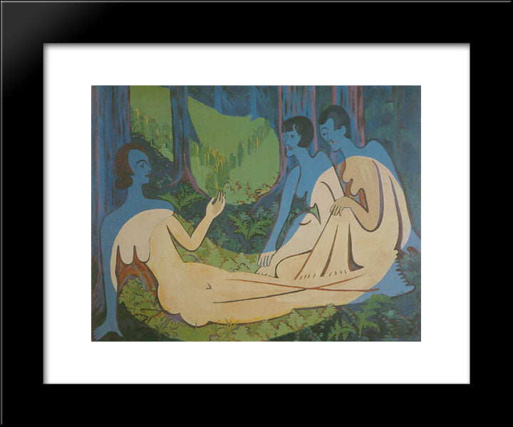 Three Naked In The Forest 20x24 Black Modern Wood Framed Art Print Poster by Kirchner, Ernst Ludwig