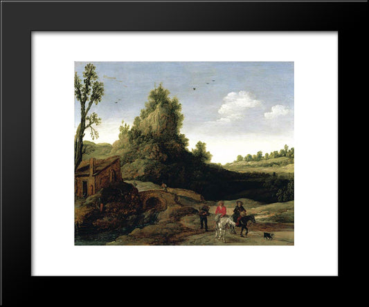 A Landscape With Travellers Crossing A Bridge Before A Small Dwelling 20x24 Black Modern Wood Framed Art Print Poster by Velde, Esaias van de