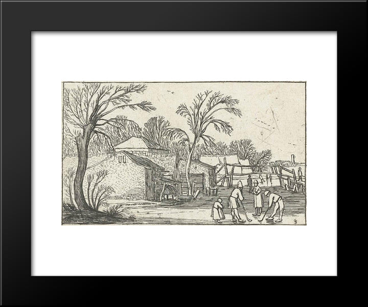 Flask Skaters And Players On The Ice In The Farmyards 20x24 Black Modern Wood Framed Art Print Poster by Velde, Esaias van de