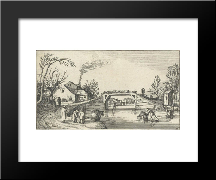 Landscape With Skaters On A Bridge With Sheep 20x24 Black Modern Wood Framed Art Print Poster by Velde, Esaias van de