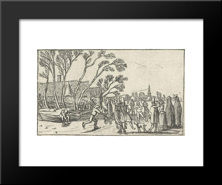 Skaters On The Ice At A Farm 20x24 Black Modern Wood Framed Art Print Poster by Velde, Esaias van de