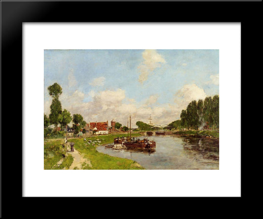 Barges On The Canal At Saint-Valery-Sur-Somme 20x24 Black Modern Wood Framed Art Print Poster by Boudin, Eugene
