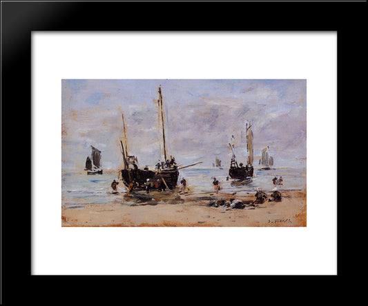 Berck, Fishermen At Low Tide 20x24 Black Modern Wood Framed Art Print Poster by Boudin, Eugene