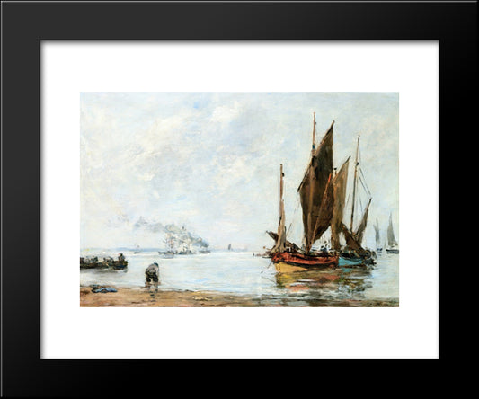 Boats At Anchor Along The Shore 20x24 Black Modern Wood Framed Art Print Poster by Boudin, Eugene