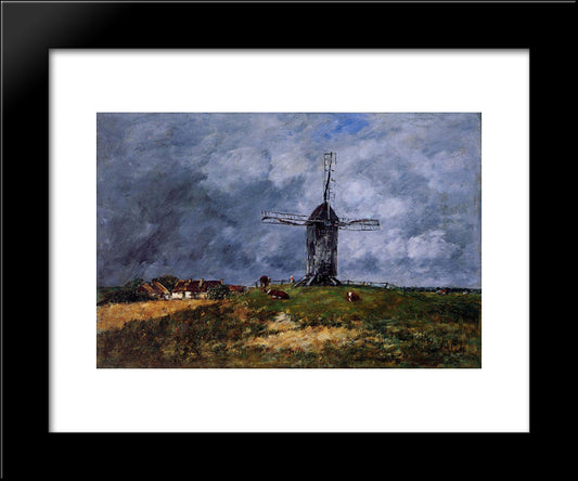 Cayeux, Windmill In The Countryside, Morning 20x24 Black Modern Wood Framed Art Print Poster by Boudin, Eugene