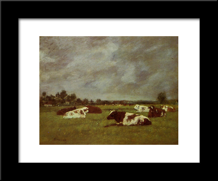 Cows In A Meadow, Morning Effect 20x24 Black Modern Wood Framed Art Print Poster by Boudin, Eugene