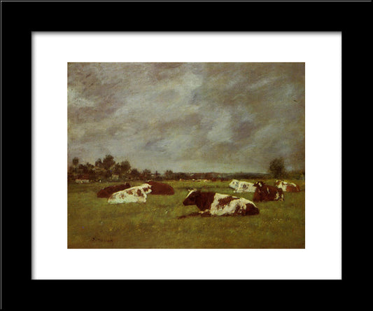 Cows In A Meadow, Morning Effect 20x24 Black Modern Wood Framed Art Print Poster by Boudin, Eugene