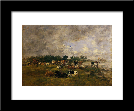 Cows In The Fields 20x24 Black Modern Wood Framed Art Print Poster by Boudin, Eugene