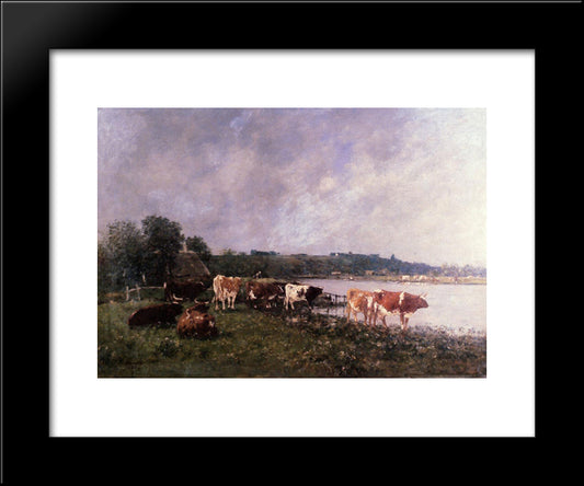 Cows On The Riverbanks Of The Touques 20x24 Black Modern Wood Framed Art Print Poster by Boudin, Eugene