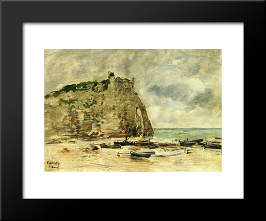 Etretat, Beached Boats And The Cliff Of Aval 20x24 Black Modern Wood Framed Art Print Poster by Boudin, Eugene