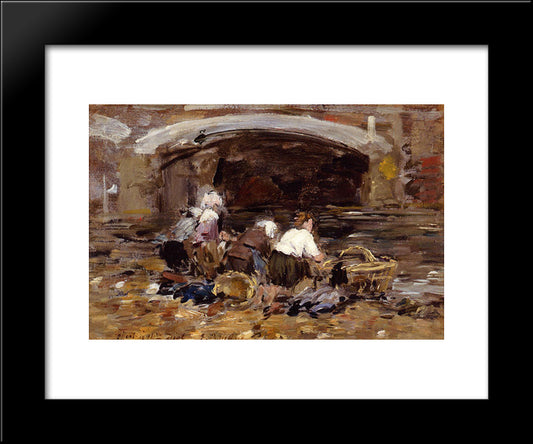 Laundresses Near A Bridge 20x24 Black Modern Wood Framed Art Print Poster by Boudin, Eugene