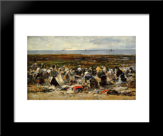 Laundresses On The Beach, Low Tide 20x24 Black Modern Wood Framed Art Print Poster by Boudin, Eugene
