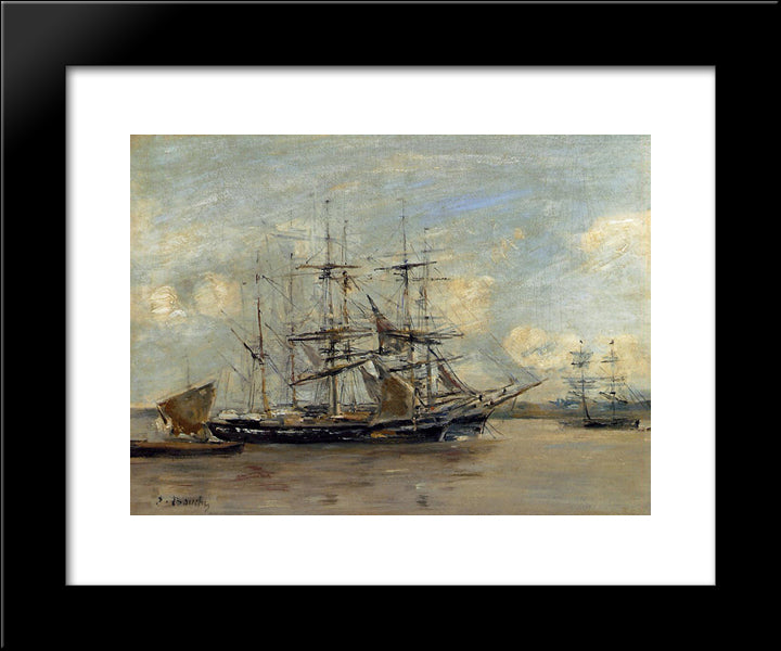 Le Havre, Three Master At Anchor In The Harbor 20x24 Black Modern Wood Framed Art Print Poster by Boudin, Eugene