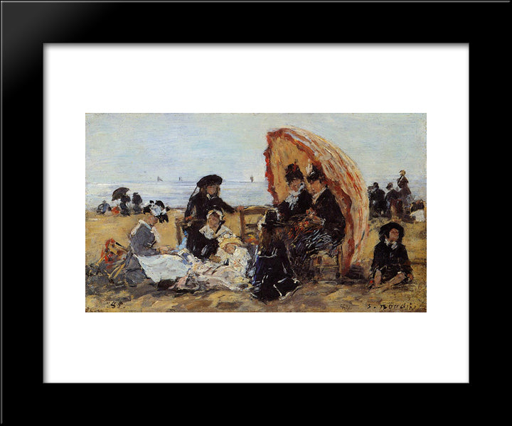 Trouville, On The Beach Sheltered By A Parasol 20x24 Black Modern Wood Framed Art Print Poster by Boudin, Eugene