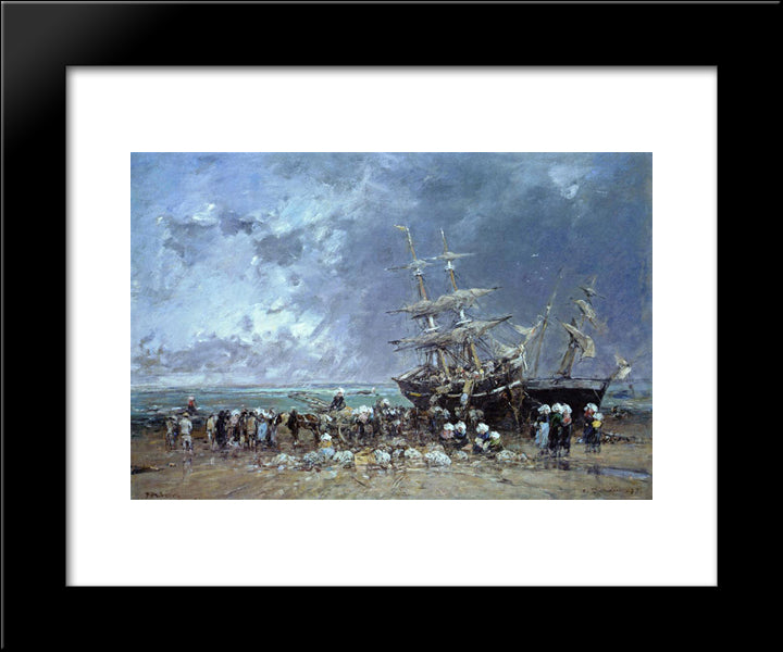 Unloading The Newfoundland Fishing Boat 20x24 Black Modern Wood Framed Art Print Poster by Boudin, Eugene