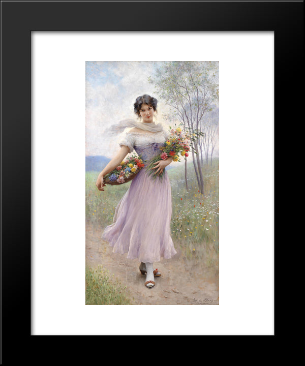 Girl In A Lilac-Coloured Dress With Bouquet Of Flowers 20x24 Black Modern Wood Framed Art Print Poster by Blaas, Eugene de