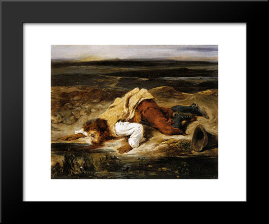 A Mortally Wounded Brigand Quenches His Thirst 20x24 Black Modern Wood Framed Art Print Poster by Delacroix, Eugene