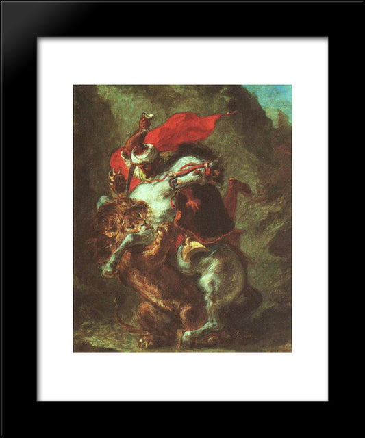 Arab Horseman Attacked By Lion 20x24 Black Modern Wood Framed Art Print Poster by Delacroix, Eugene