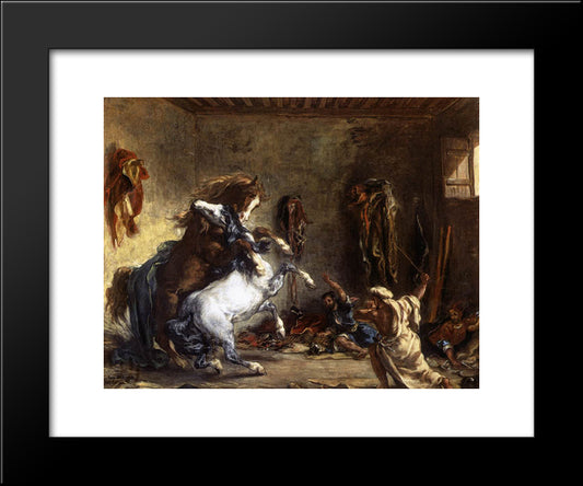 Arab Horses Fighting In A Stable 20x24 Black Modern Wood Framed Art Print Poster by Delacroix, Eugene