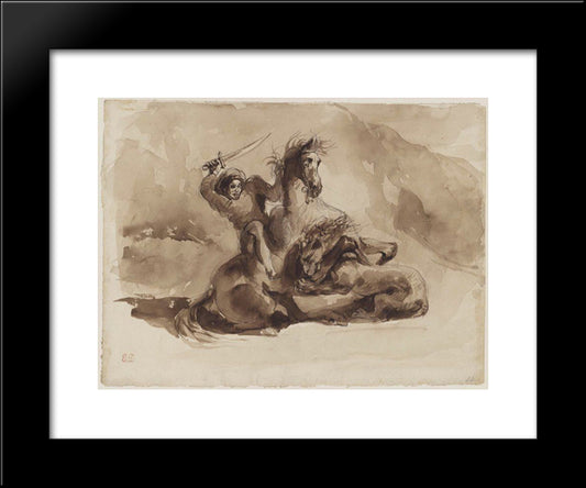 Horse And Rider Attacked By A Lion 20x24 Black Modern Wood Framed Art Print Poster by Delacroix, Eugene