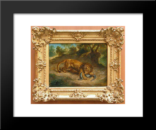 Lion And Alligator 20x24 Black Modern Wood Framed Art Print Poster by Delacroix, Eugene