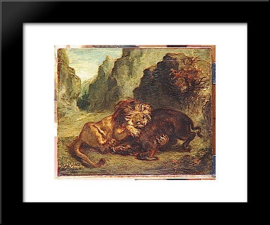 Lion And Boar 20x24 Black Modern Wood Framed Art Print Poster by Delacroix, Eugene