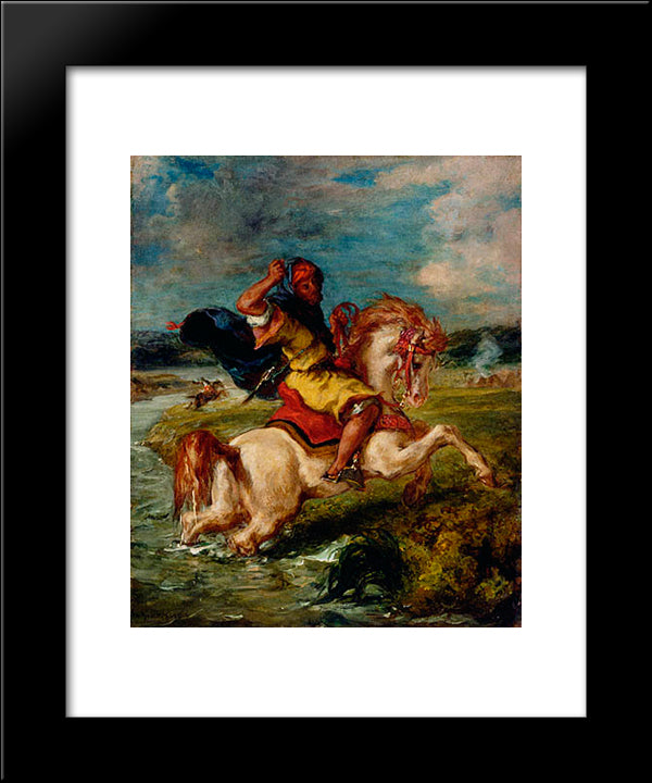 Moroccan Horseman Crossing A Ford 20x24 Black Modern Wood Framed Art Print Poster by Delacroix, Eugene