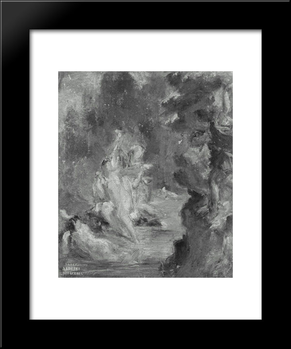 Summer Diana Surprised At Her Bath By Actaeon 20x24 Black Modern Wood Framed Art Print Poster by Delacroix, Eugene