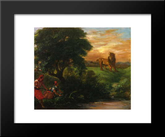 The Lion Hunt 20x24 Black Modern Wood Framed Art Print Poster by Delacroix, Eugene