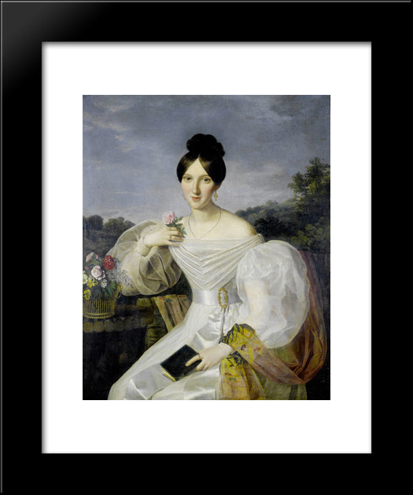 A Lady In A White Dress And Shawl Before A Viennese Landscape 20x24 Black Modern Wood Framed Art Print Poster by Waldmuller, Ferdinand Georg