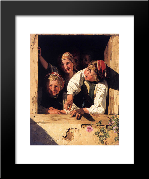 Children At The Window 20x24 Black Modern Wood Framed Art Print Poster by Waldmuller, Ferdinand Georg