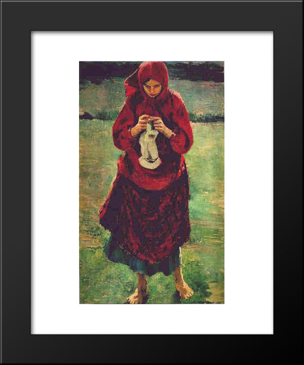 Peasant Girl Knitting A Stocking 20x24 Black Modern Wood Framed Art Print Poster by Malyavin, Filipp