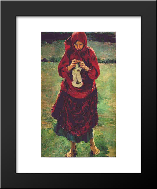 Peasant Girl Knitting A Stocking 20x24 Black Modern Wood Framed Art Print Poster by Malyavin, Filipp